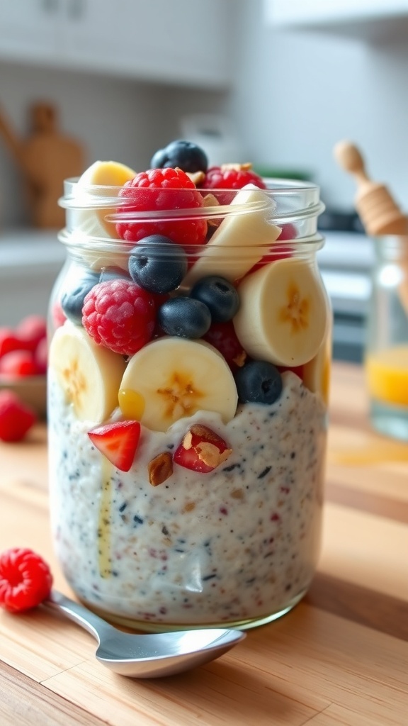 Healthy Overnight Oats Recipe A jar of overnight oats with berries and bananas on a wooden table.
